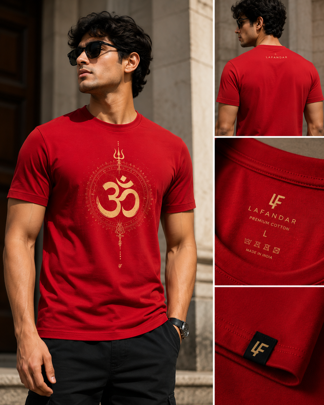 LAFANDAR Premium Red Om Graphic T-Shirt for Men | Spiritual Streetwear | 100% Cotton Crew Neck